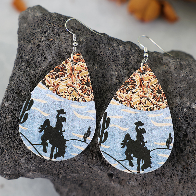 Western Style Horse Riding Denim Color Matching Double-sided Leather Earrings