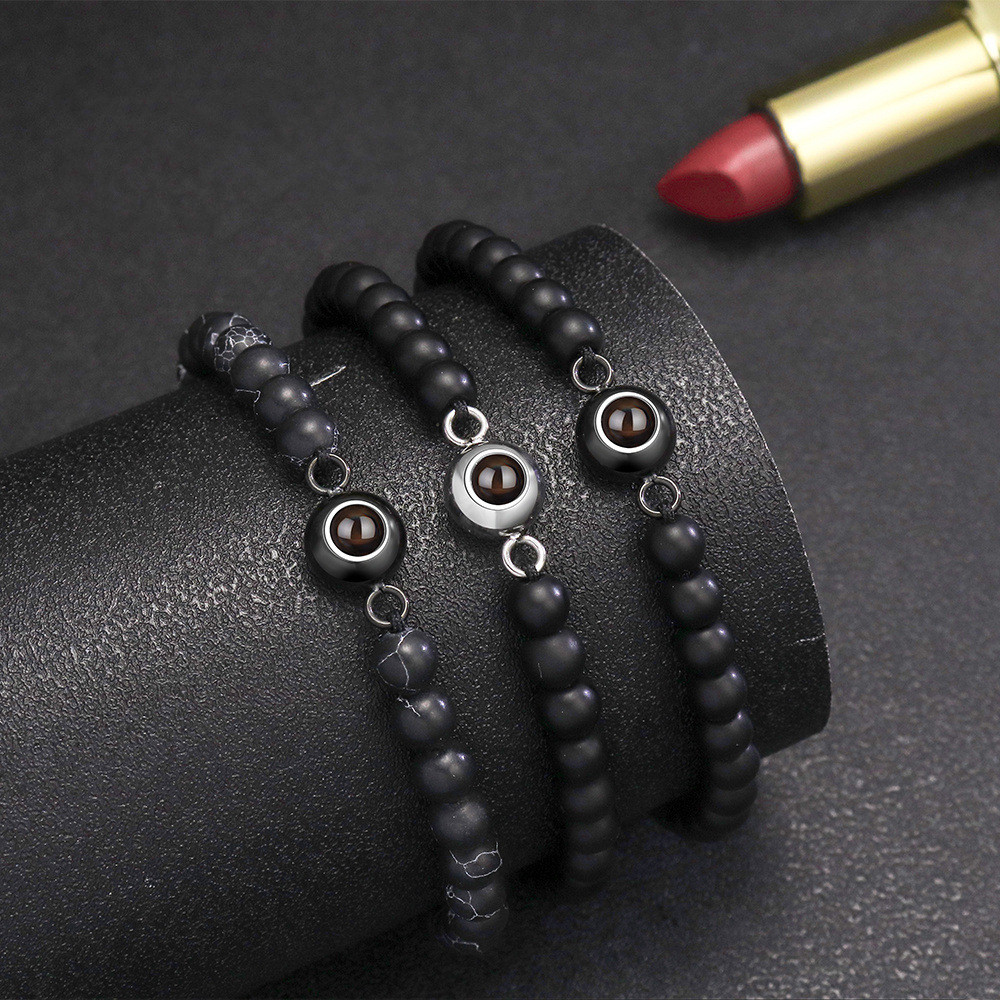 Titanium Steel Pendant Synthetic Round Beads Bracelet 100 Languages Photo Projection