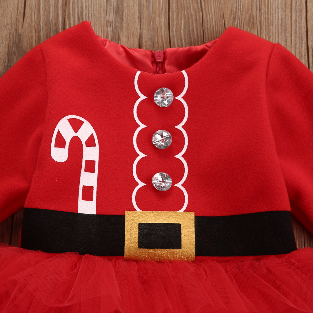 New Baby Kids’ Round Neck Spring And Autumn Long Sleeve Christmas Clothes Mesh Dress