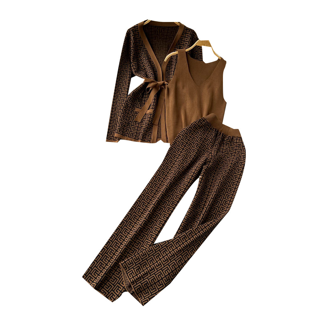 Exotic Printed Casual Women's Inverness V-neck Base Knitwear Wide Leg Pants - Image 14