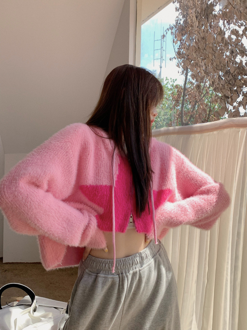 Real Shot American Design Versatile Thick Knitted Cardigan Sweater XINGX Printed Hooded Short Coat