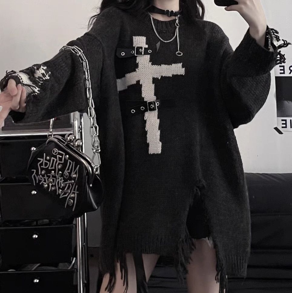 Title 3, Asian Culture Punk Dark Cross Loose Sweater