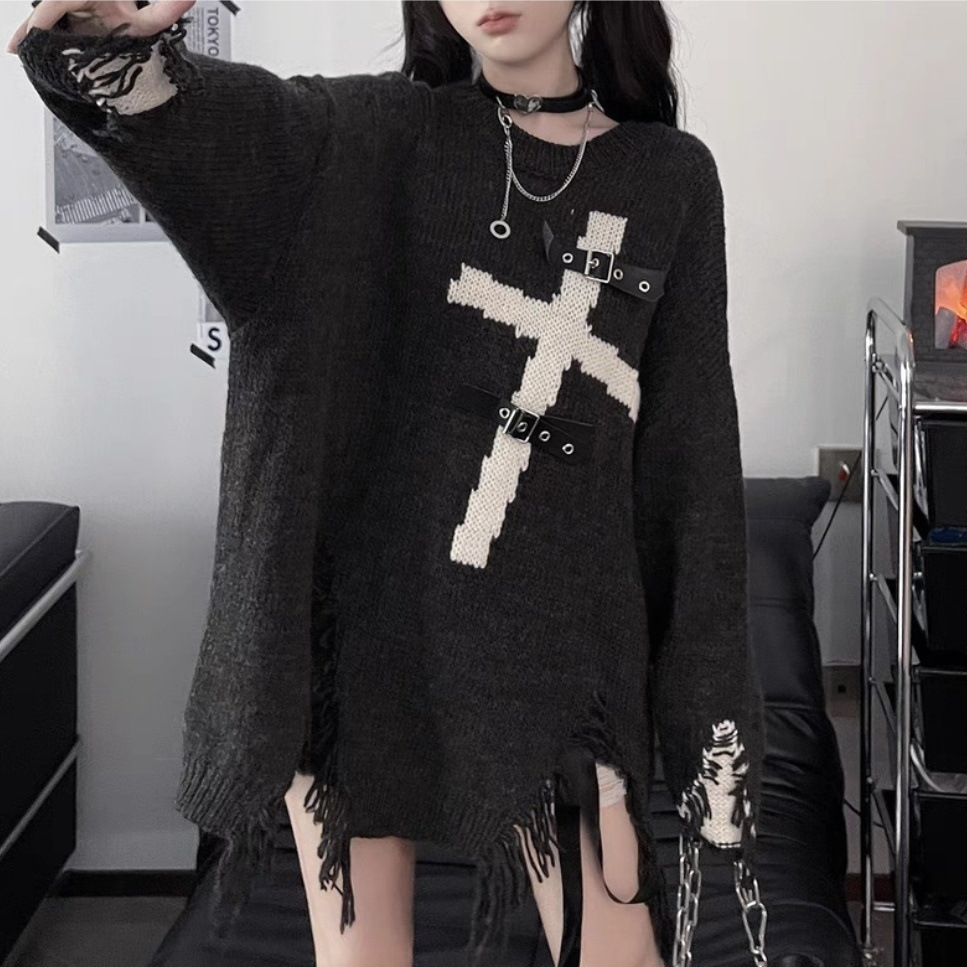 Title 4, Asian Culture Punk Dark Cross Loose Sweater