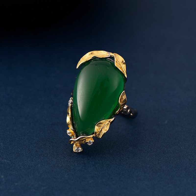 S925 Silver Tree Leaf Edge Inlaid Malachite Ring