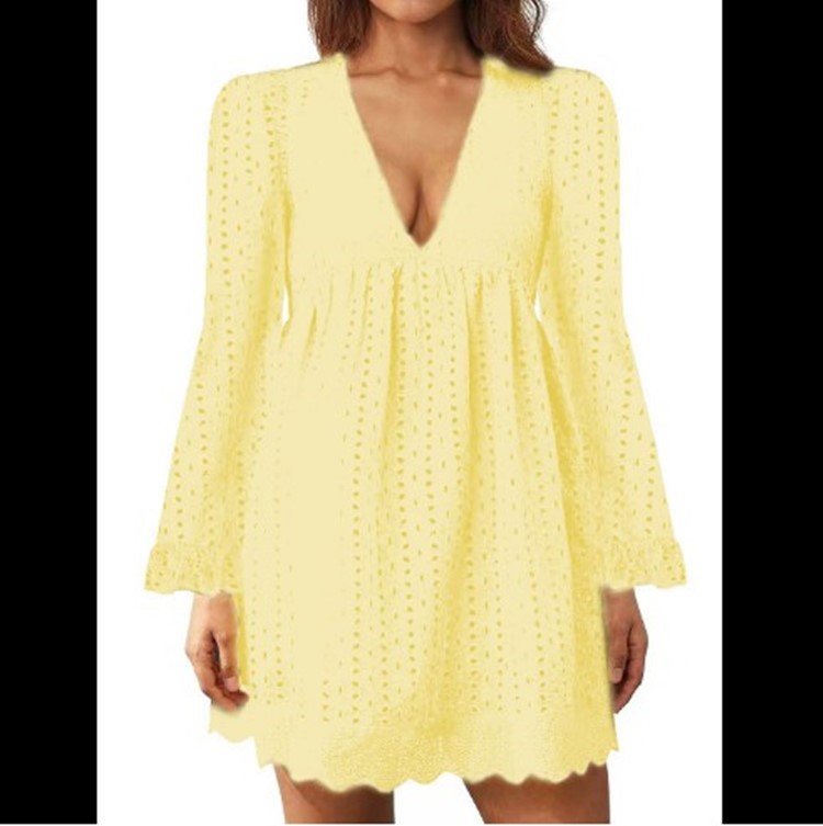 Long Sleeve V-neck Lace Jacquard Hollow Dress Short With Pockets