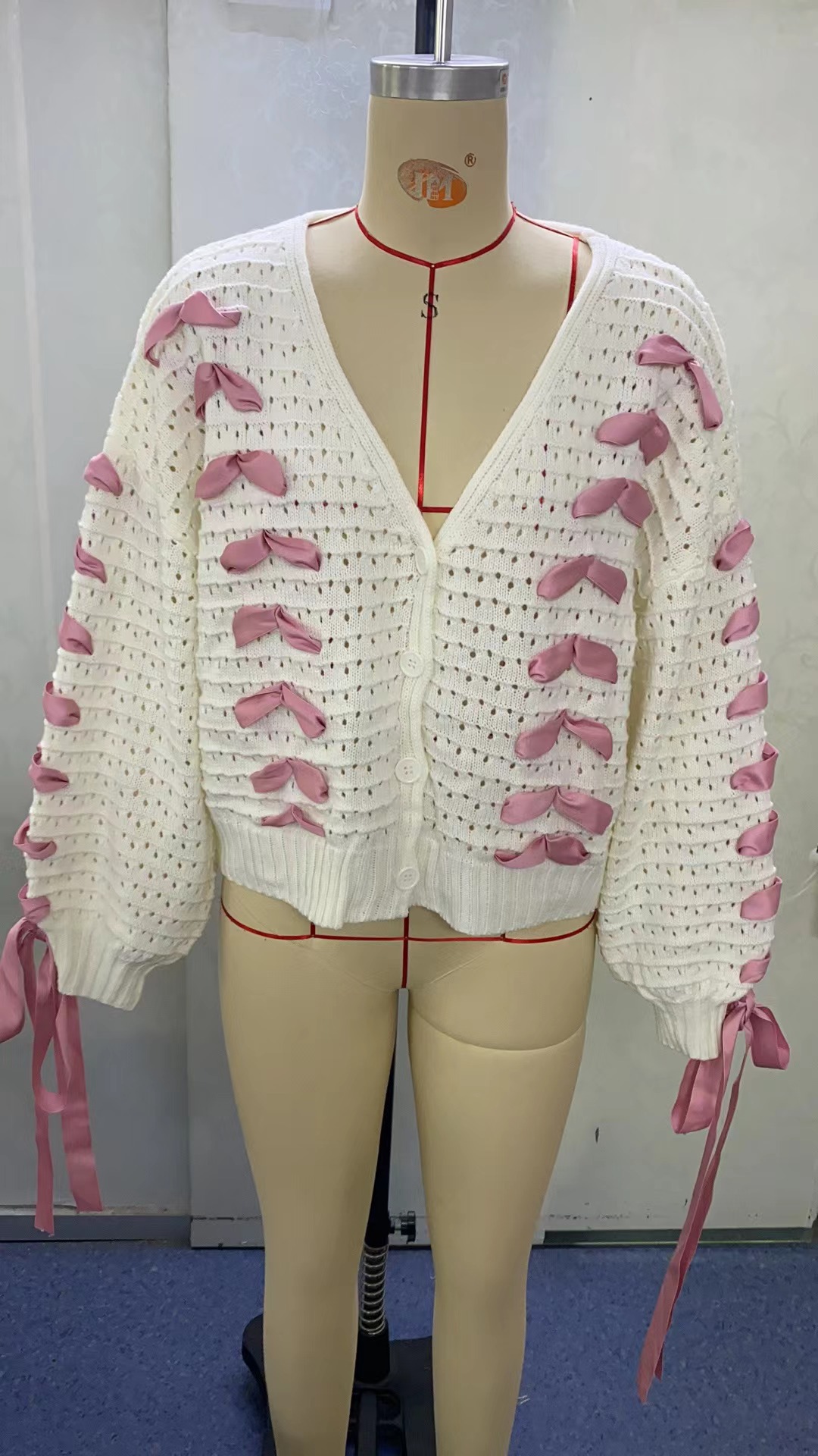 V-neck Lace-up Hollow Out Knitted Cardigan Top Loose Casual Sweater Coat For Women