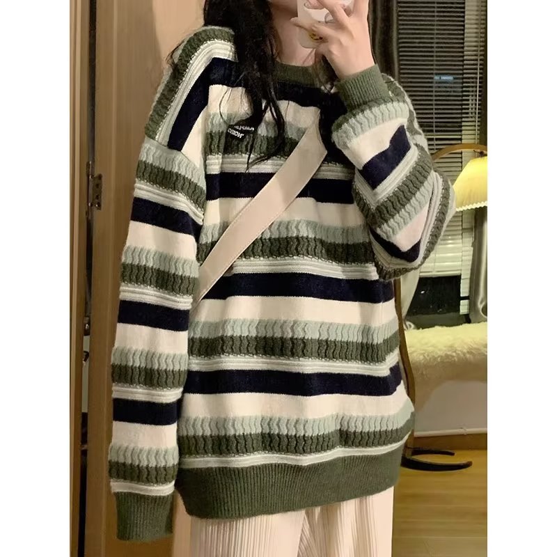 Long Sleeve Pullover Round Neck Men's Casual Striped Loose Sweater
