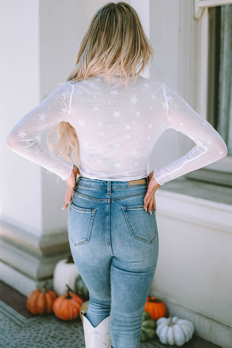 Women's Five-pointed Star Printing Sheer Long Sleeve