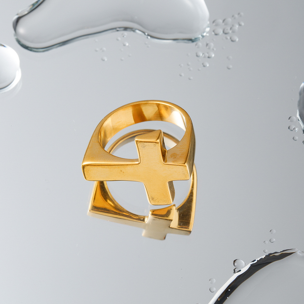 18K Gold Stainless Steel Cross Shelf Ring