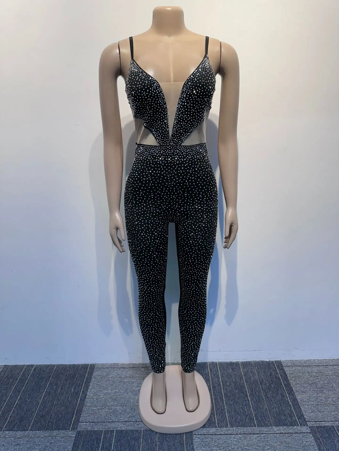 Slim Fit Rhinestone Stretch Sling Sheath Tight Jumpsuit