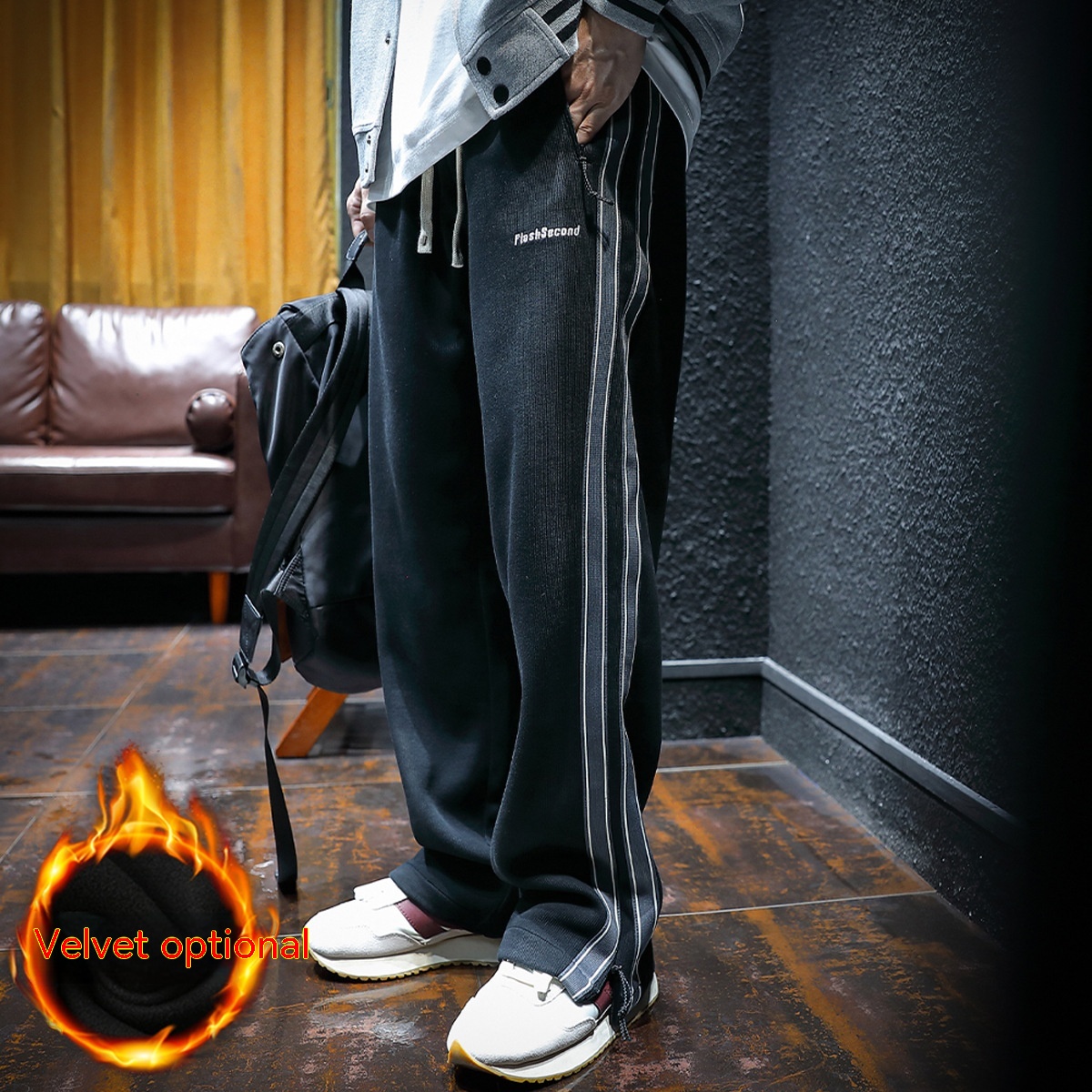 Fleece-lined Thickened Zipper Pocket Straight Sports Pants Men - Image 3