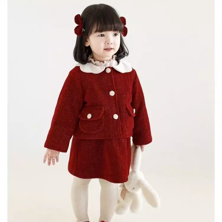 New Year Girl's Bright Silk Bow Fleece-lined Suspender Skirt Keep Baby Warm Coat Casual Fashion Red Skirt Fashion