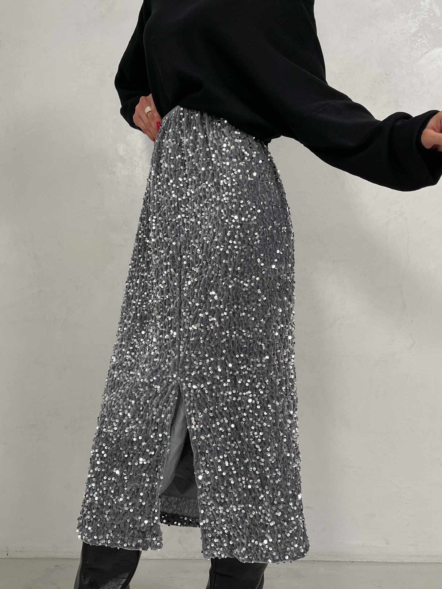 Sequins Skirt Party Sheath High Waist Slit Midi Skirt