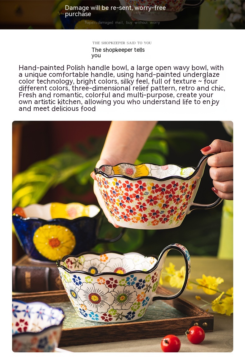 Hand-painted Handle Ceramic Tableware Household Vintage Soup Bowl Instant Noodles Salad Bowl