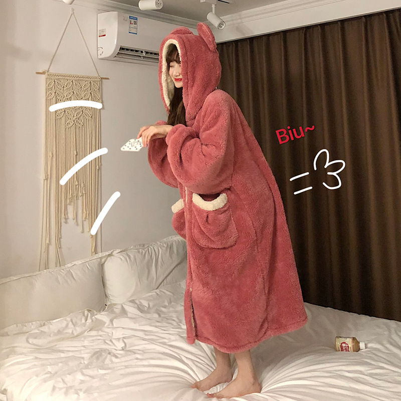 Title 5, Single-breasted Plush Long-sleeved Hooded Night...