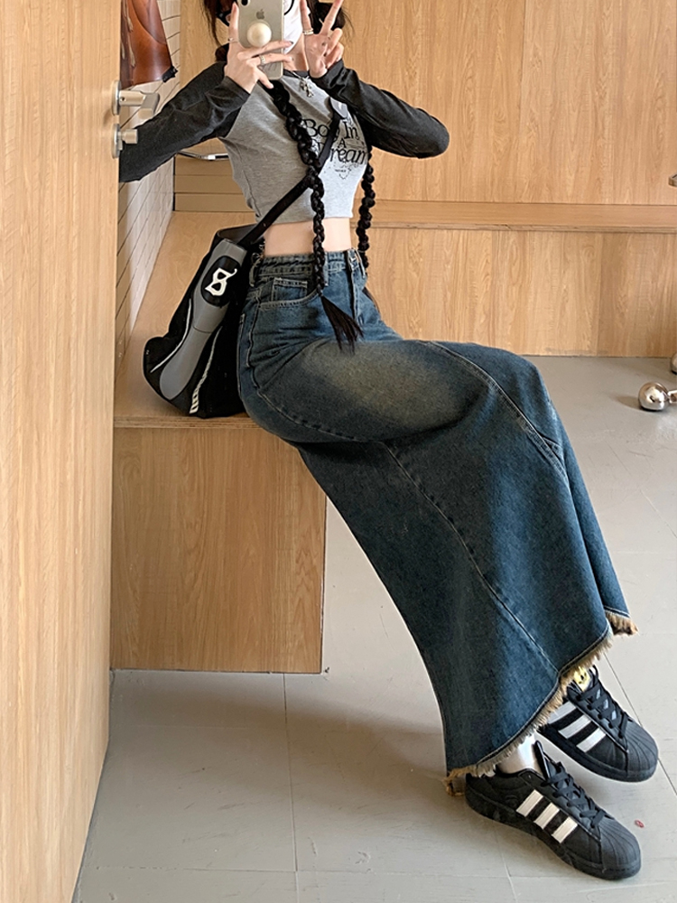 New High Waist Retro Water Blue Denim Skirt For Women