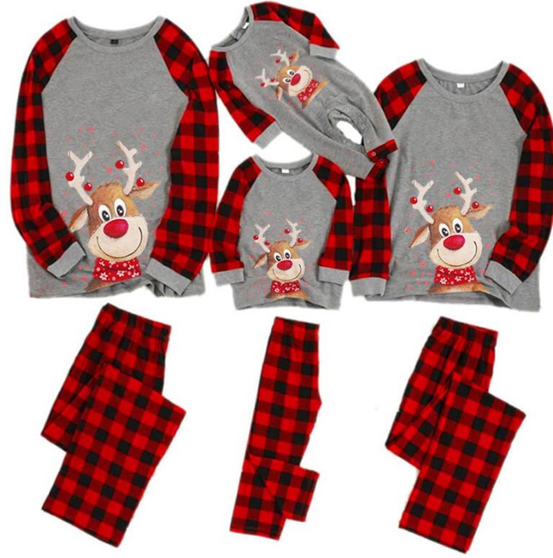 Title 6, Christmas Pajamas Deer Printed Round Neck Plaid...