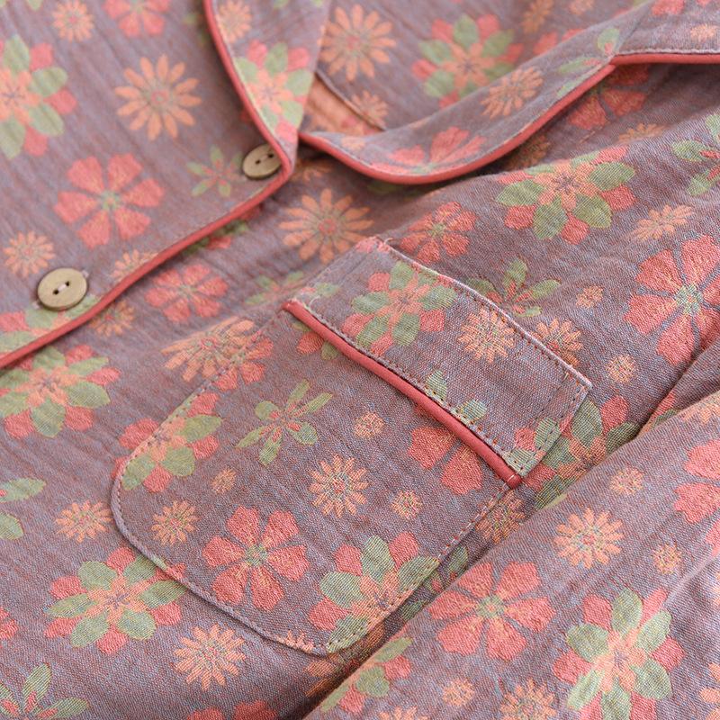 Cotton Yarn-dyed Jacquard Pajamas Suit Women's Cardigan Long Sleeve Pants Homewear