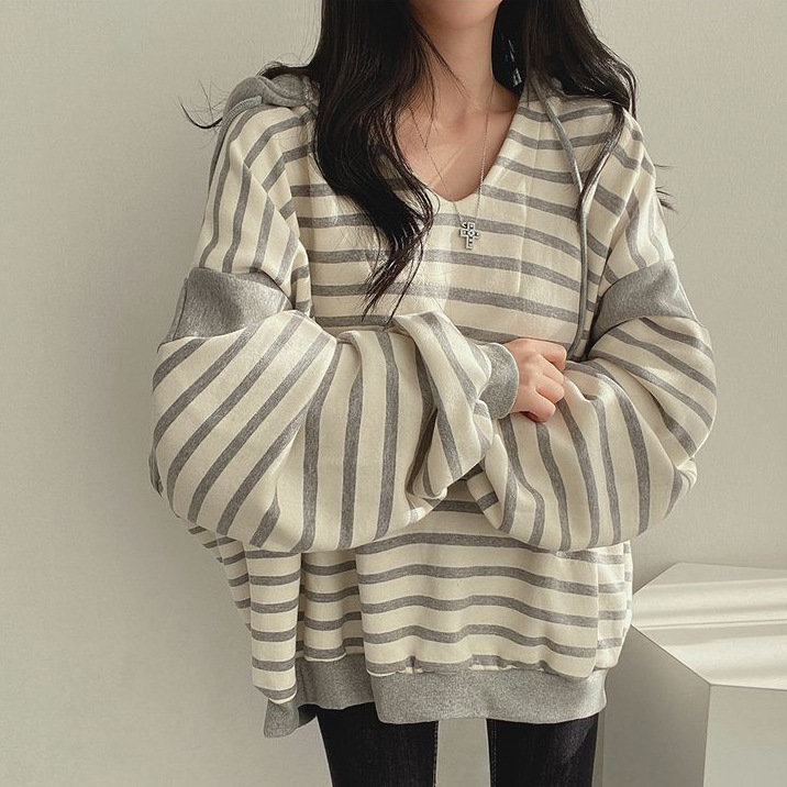 Casual Round Neck Pullover Cotton V-neck Striped Sweater Women's Hooded
