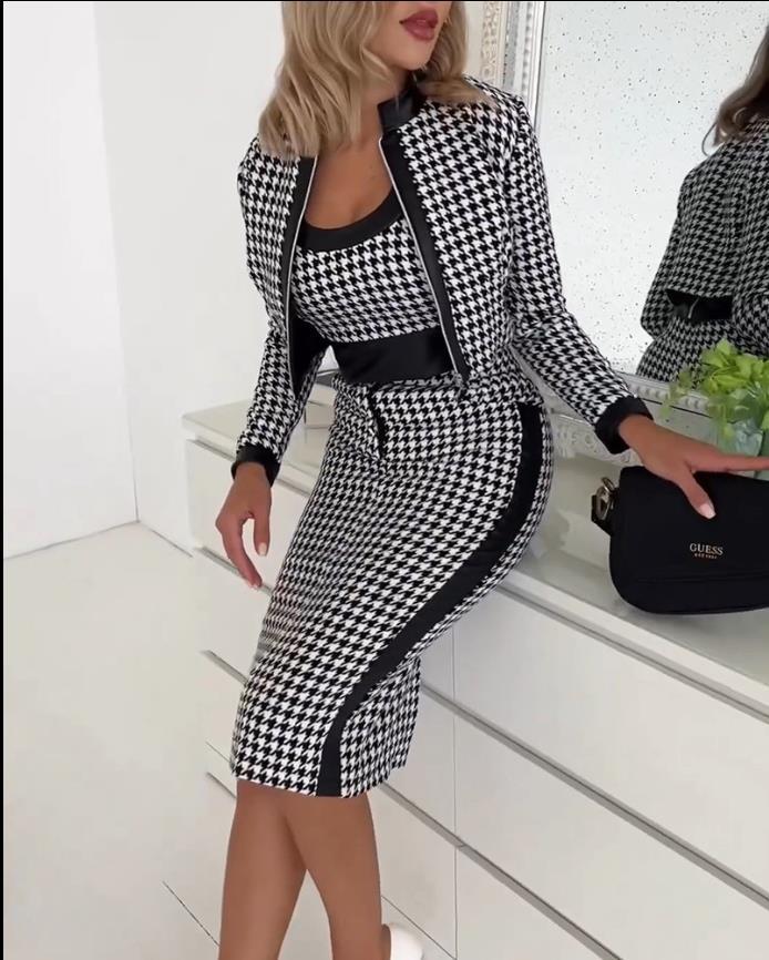 Printed Long Sleeve Coat Vest Plus Skirt Three-piece Suit