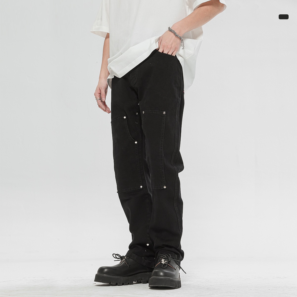 Rivets Black Jeans Men's American High Street Skinny Jeans