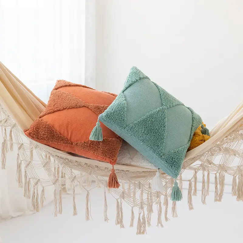 Corduroy Geometric Rhombus Triangle Tufted Embroidered Tassel Pillow Model Room Sofa Cushion Cover