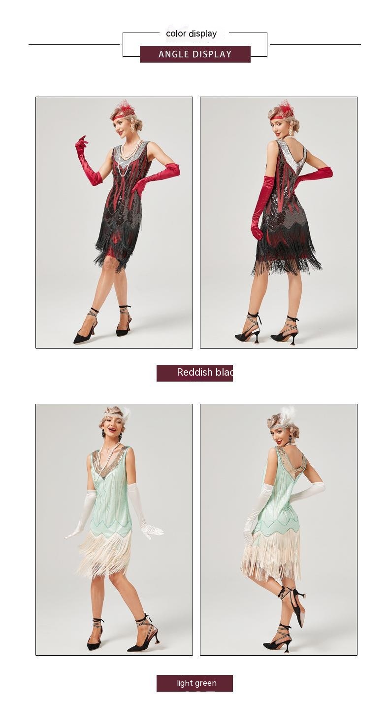 Retro V-neck Double-layered Tassel Gatsby Cocktail Ball Sequin Bead Dress