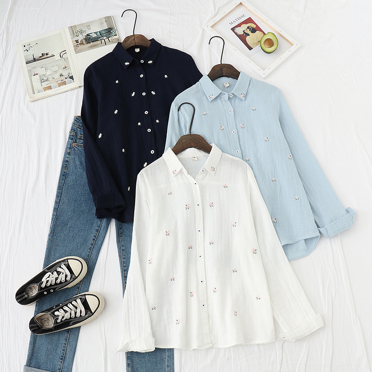 Japanese Double-layer Cotton Yarn Long Sleeves Lapel Embroidery Floral Shirt