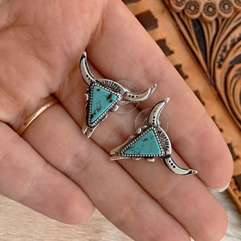 Ethnic Style Big Cow Head Turquoise Eardrops