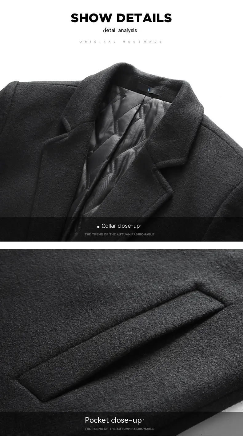 Winter Woolen Men's Slim Long Casual Trench Coat Thick Warm Jacket