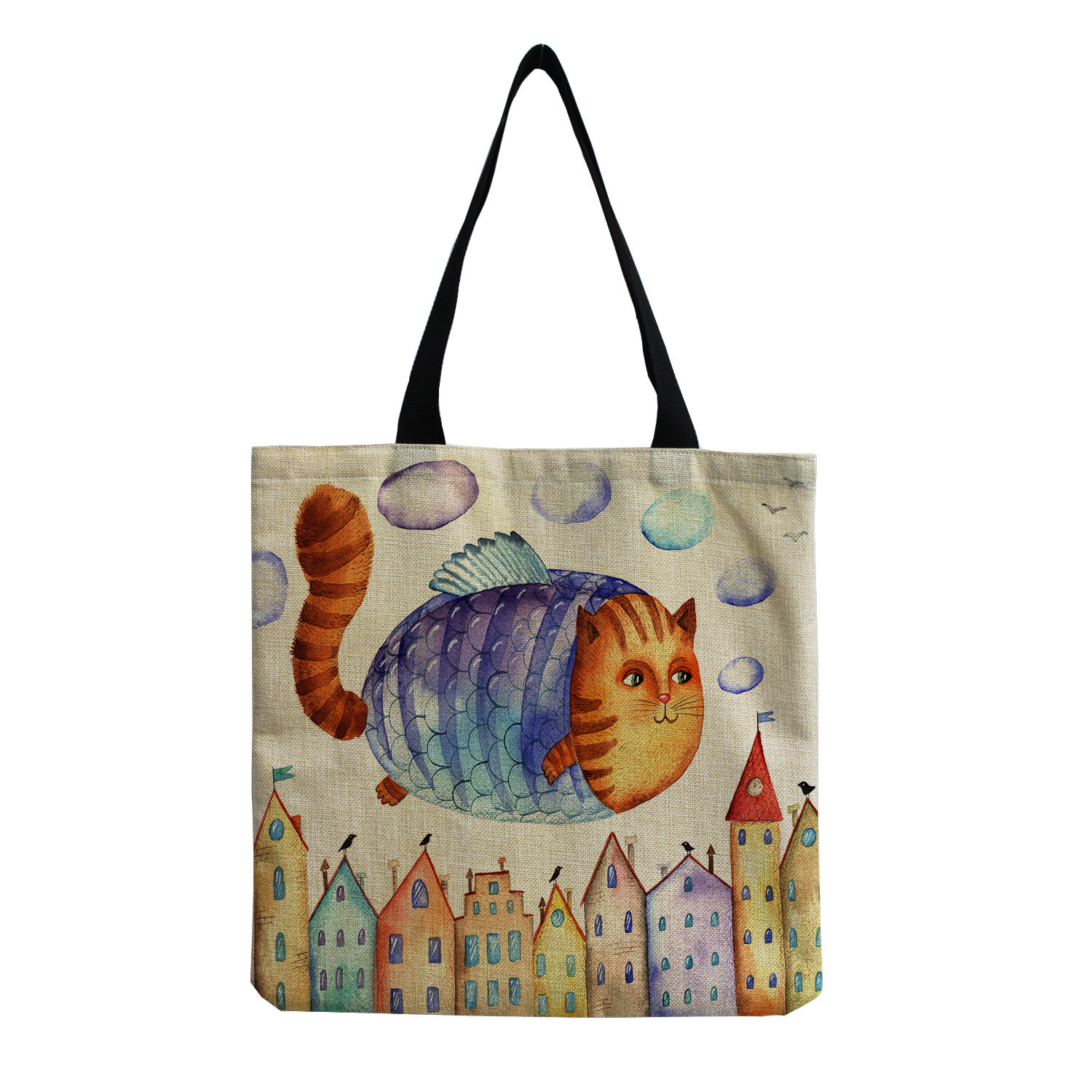 Title 4, Cat Printed Cotton And Linen Shopping Bag, a du...