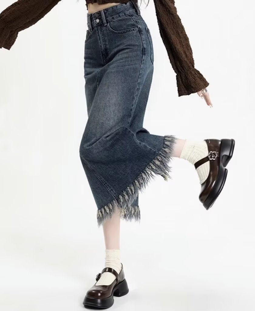 Plus Size Tassel Half-length Denim Women's Hong Kong Style Autumn High Waist Slimming A- Line Long Overknee Skirt