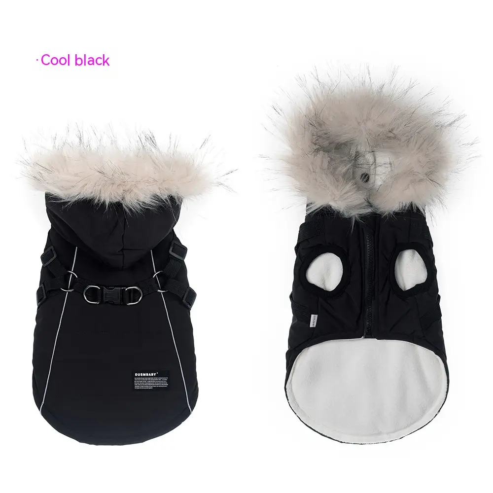 Fleece-Lined Winter Dog Coat with Integrated Harness and Hood