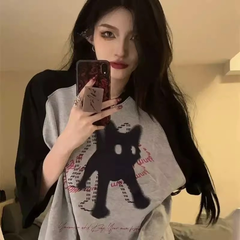 Women's American-style Retro Cat Raglan Short-sleeved T-shirt Summer