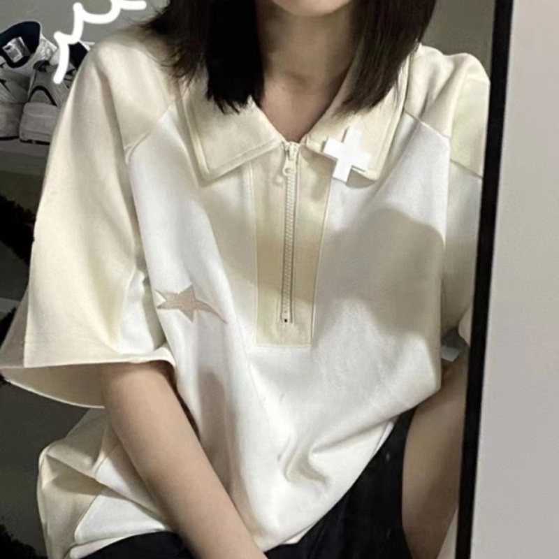 POLO Collar Short Sleeve T-shirt Female Summer Loose Casual Half Sleeves