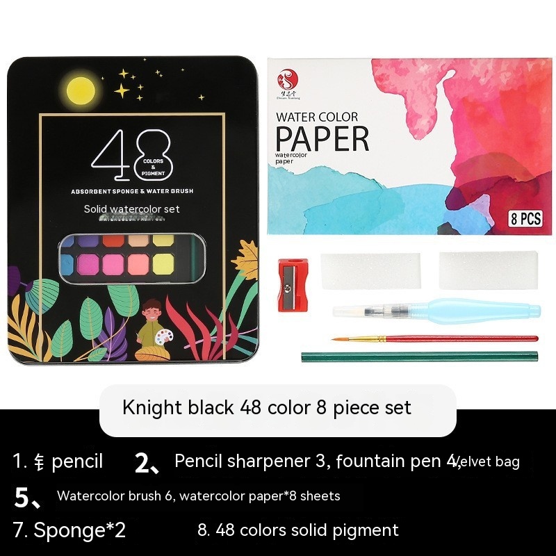 مجموعة ألوان مائية صلبة، 48 لونًا، رسم تخطيطي، مسحوق صلب، مجموعات من الصناديق