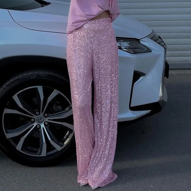 Pure Color Sequins Fashion Casual Straight Pants - Pink