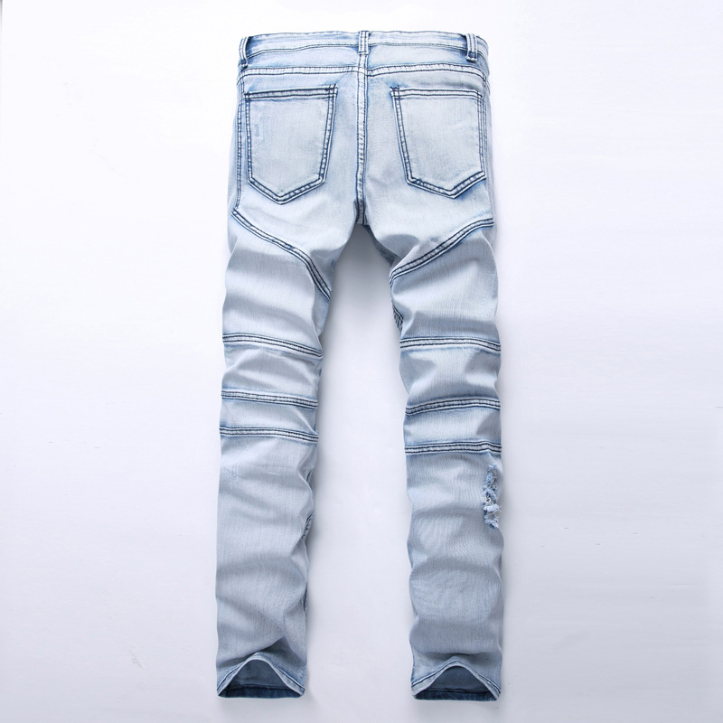 Ripped Motorcycle Pleated Jeans European And American Slim Fit Stretch Feet Pants