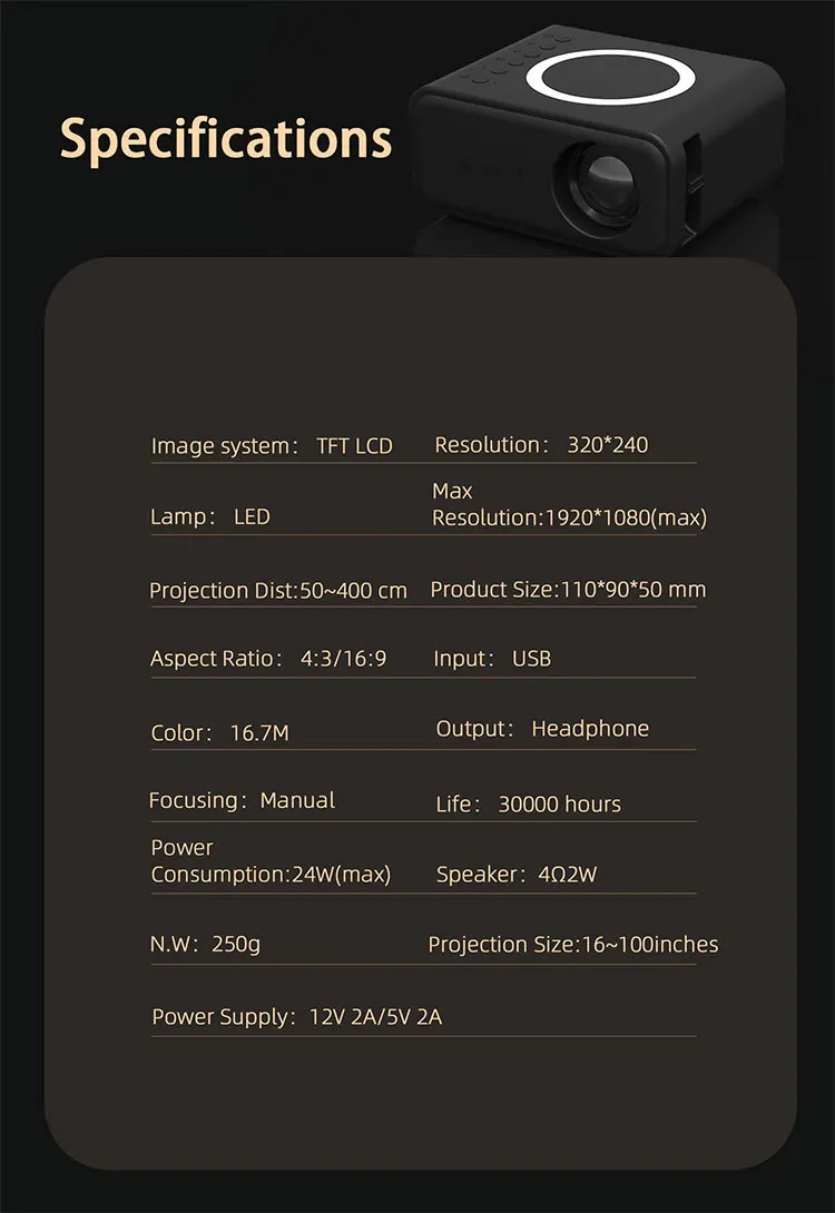 Title 13, Proiettore YT300 Mini Portatile per Casa 24 ANS...