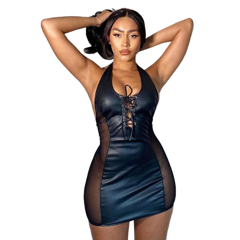 Title 5, Mesh Panel PU Skin Tight Dress