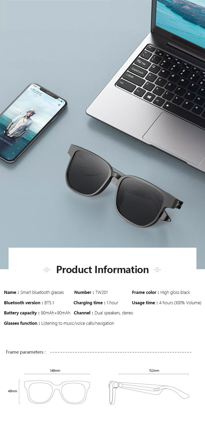 Lunettes intelligentes Bluetooth Appel Musique Lunettes d'extérieur ar | Diversi