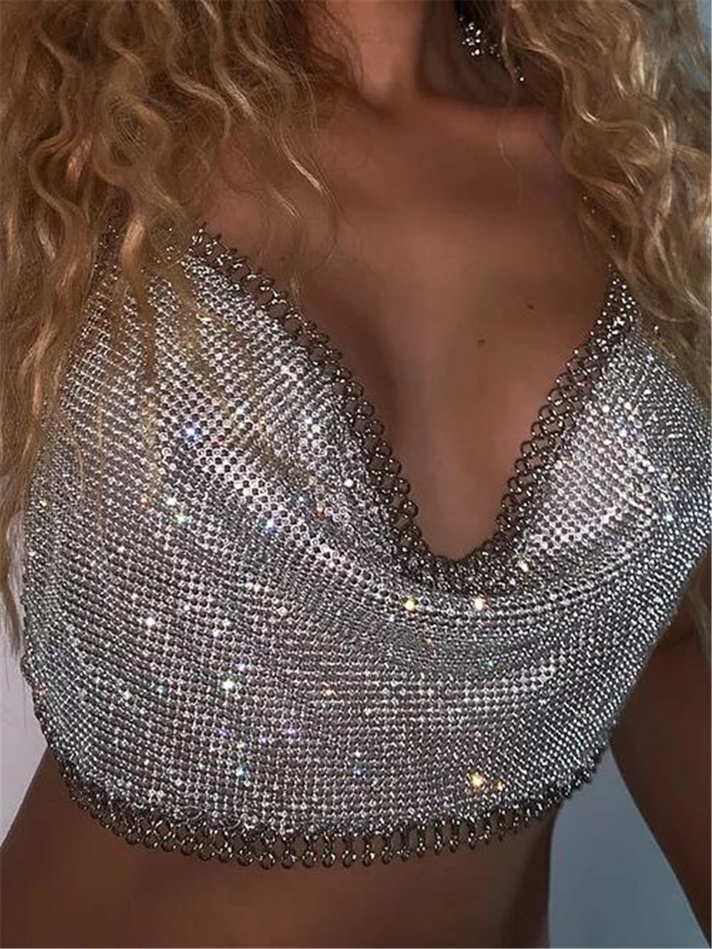 Women’s Nightclub Tube Top Backless Metal Diamond Chain Spaghetti Straps Midriff-baring Underwear Vest