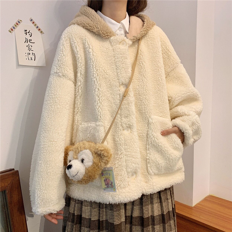 Cute Bear Ear Coat For Women Lamb Wool Winter Cardigan Top