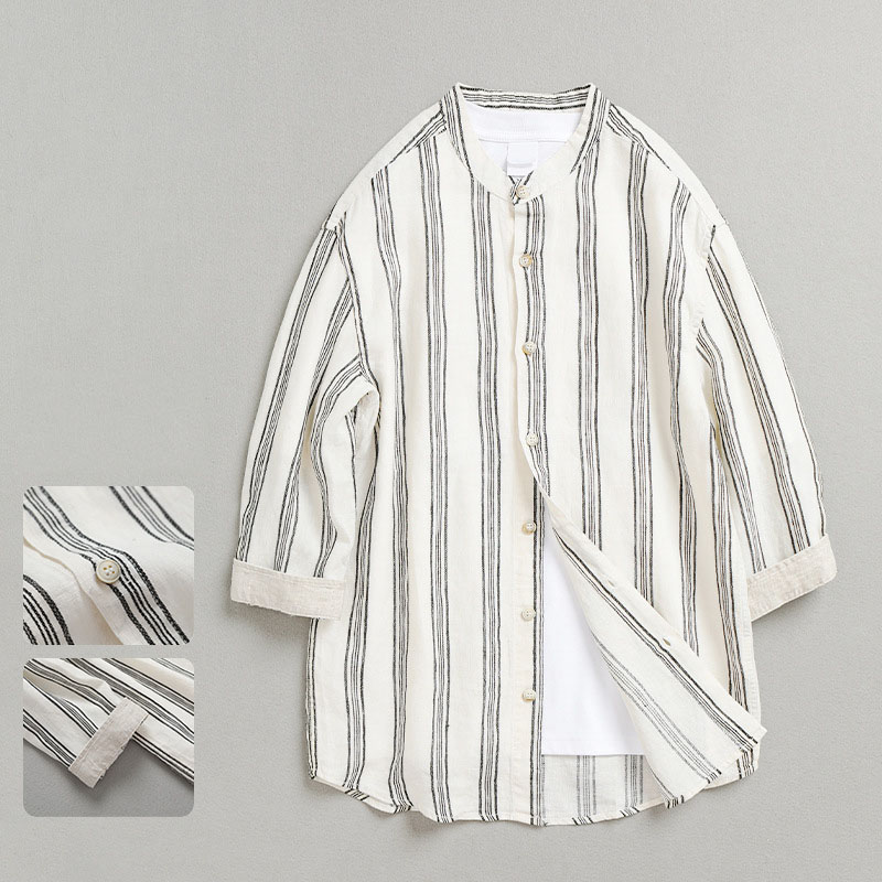 Retro Stand Collar Top Striped Casual Loose Linen 34 Sleeve Shirt