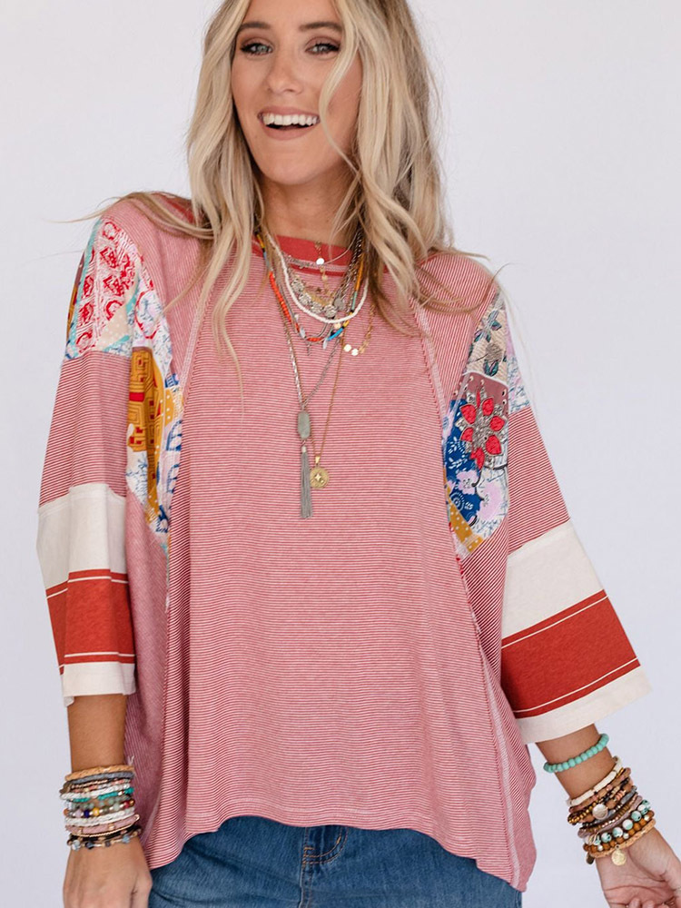 Thin Striped Color Matching Long Sleeve Casual Loose Pullover