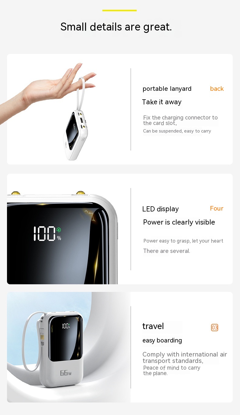 20000MA Large Capacity Mini Comes With Four-wire Power Bank PD66w Super Fast Charge Mobile Power Supply 19