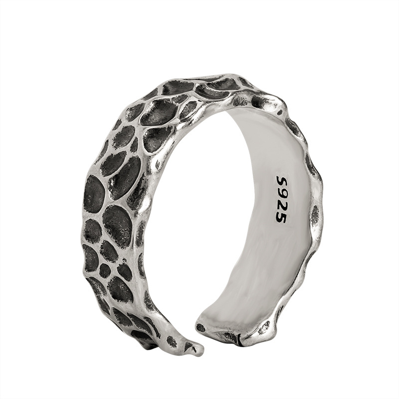 S925 Silver Vintage Thai Silver Simple Hammer Pattern Ring