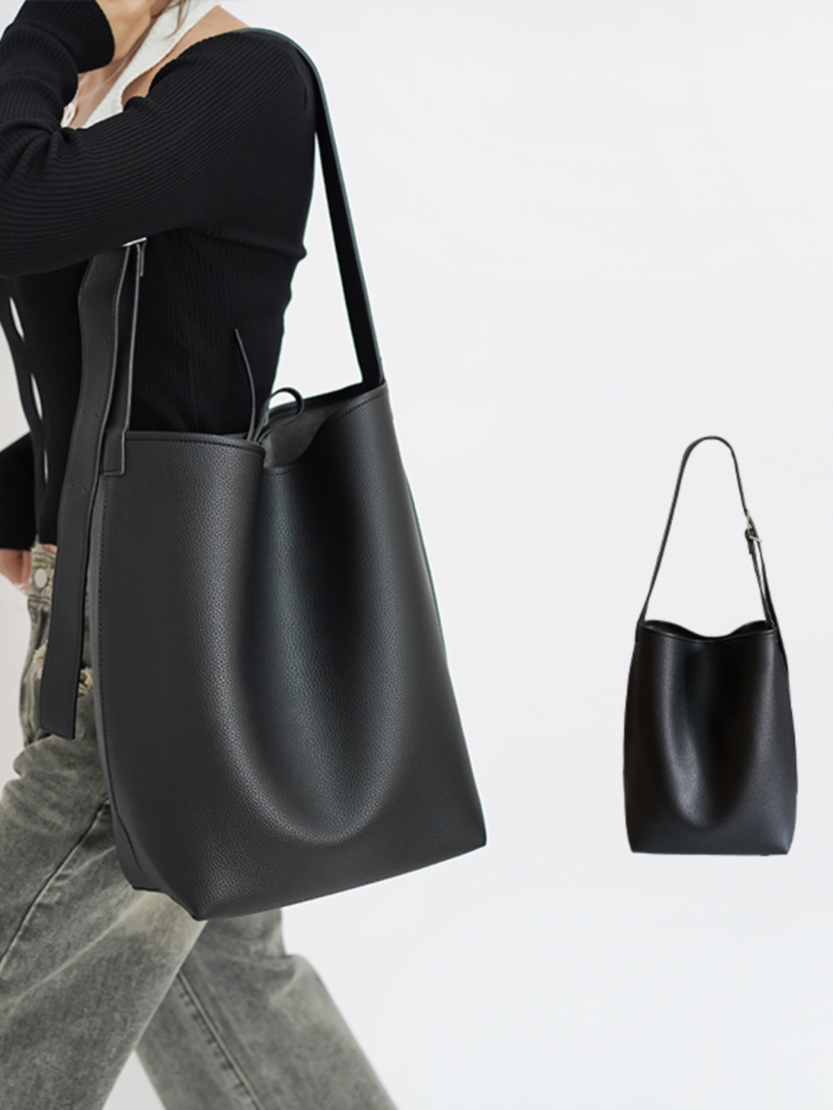 Large Capacity Solid Color Simple Lychee Pattern Bucket Bag — foto 11