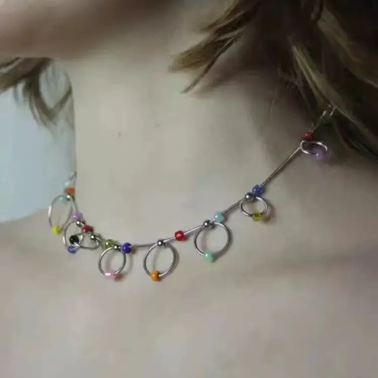 Hot Girl Color Beaded Ring Clavicle Chain Female