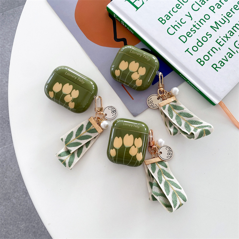 Retro Green Tulip Bluetooth Wireless Earphone Case Pendant Soft Case - Image 7